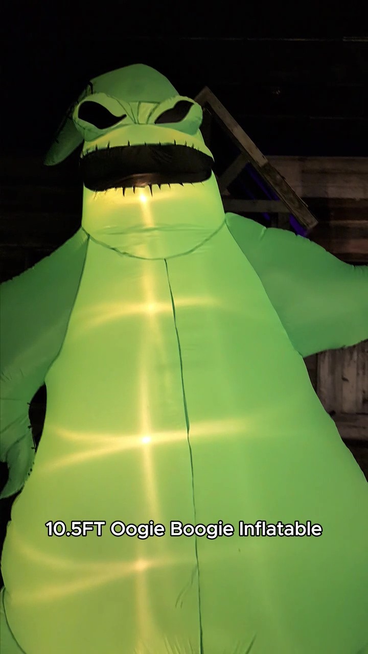 Go big this Halloween with the 10.5FT Oogie Boogie Inflatable Decoration from Disney’s The Nightmare Before Christmas! This giant green gambler of Halloween Town is ready to roll the dice on spooky style. With bright internal lights and impressive size, he’s sure to turn your front yard into a must-see stop for fans of Tim Burton’s classic. Add him to your display and let Oogie Boogie steal the show—just don’t get caught in his sack!